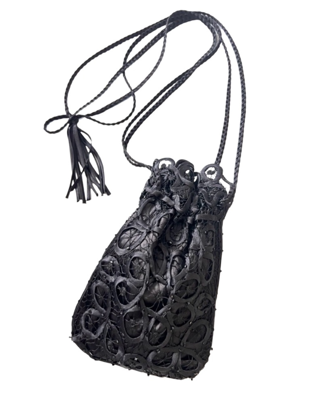 Rare Vintage Soulmates Black Satin Beaded Crochet Lace Evening Pouch Purse